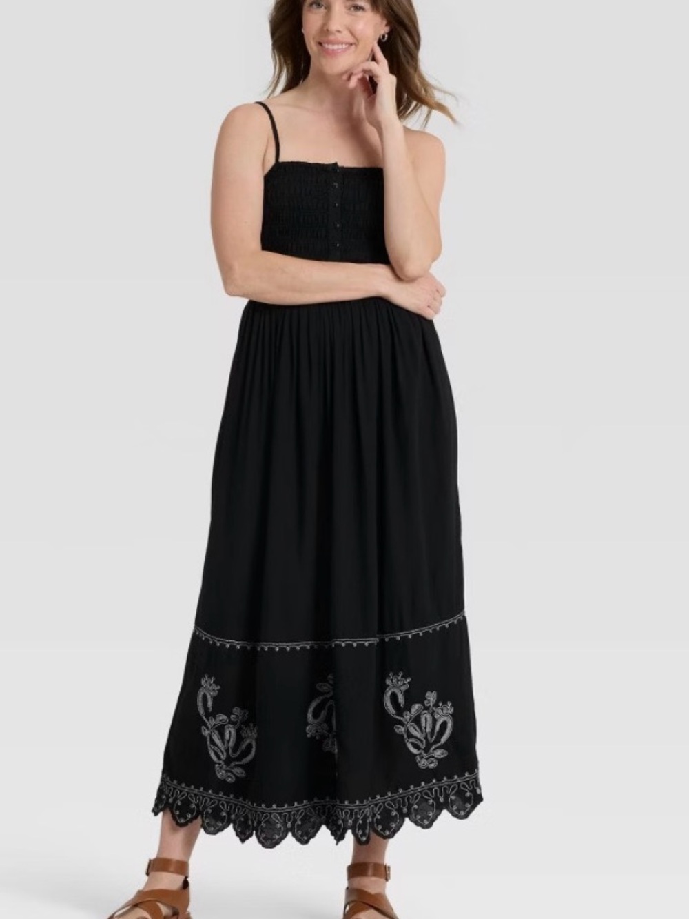 Black Embroidered Smocked Maxi Dress - Women